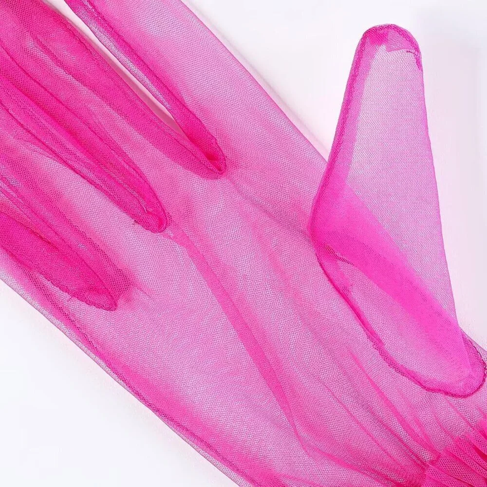 Women's Puffy Ruffle Hot Pink Tulle Sheer Mesh Party Prom One Size Short Gloves